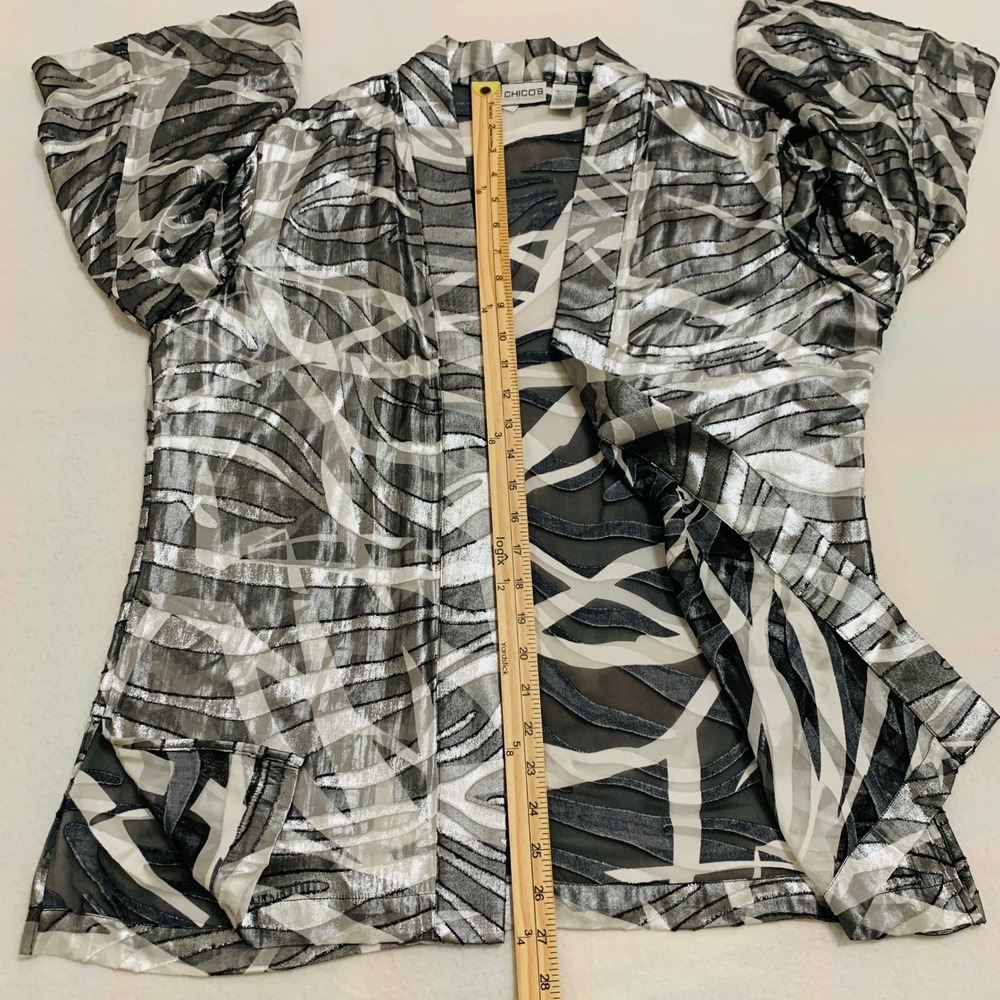 Chico's Kimono Jacket Women Lightweight Metallic Black Silver Silk Blend 0/1 S/M - Picture 9 of 10